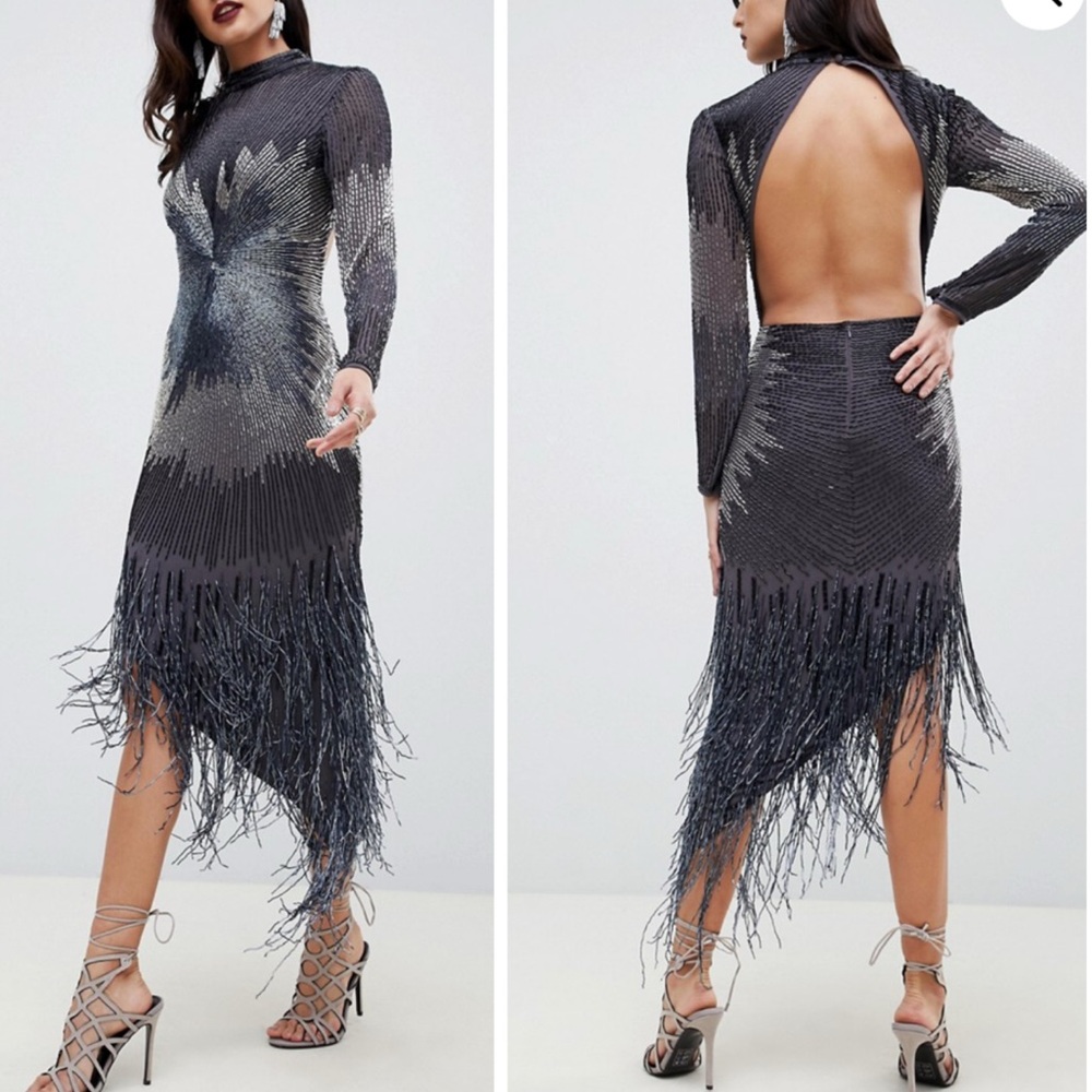 ASOS Starburst Backless Fringe Dress XS 2 black
Silver